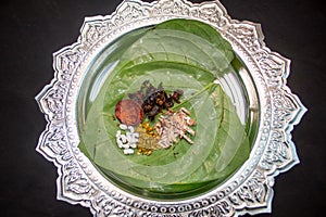 shahi Indian paan masala isolated on Betel leaf top view