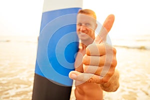 Shaka hand gesture surfers symbol.shirtless surfer man surfboard beach summer sunset sea.surfing man photographing on a