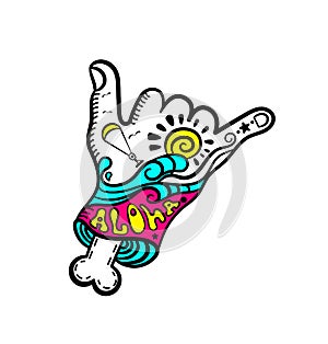 Shaka hand surf sign vector.Cartoon Hang Loose Hand Gestures.Surfing Waves.Hand drawn vector hand with bone.Zombie.Kitesurfing and