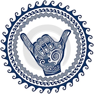 Shaka sign in round wave ornament