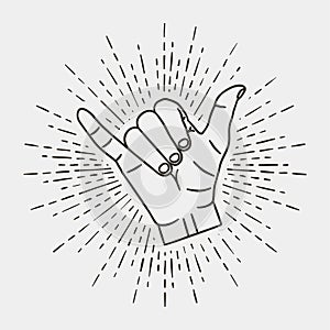 Shaka - surfing hand gesture with vintage sunburst. Vector.