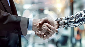 Shake hands between a human and an android.. represents the collaboration between people and robotic technology. Generative Ai