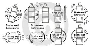 Shake well bottle before using, shaking spray aerosol can arrow, hand mix liquid drink, shaker line icon set. Package vector sign