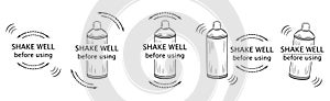 Shake well before using icon set. Shaker bottle. Mixing liquid. Symbol for packaging design. Outline vector