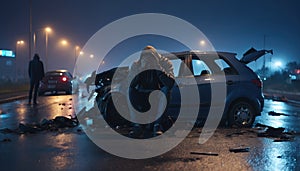 A shaken person involved in a car accident sits at the scene of the accident and is distraught