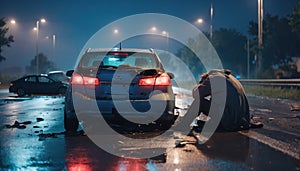 A shaken person involved in a car accident sits at the scene of the accident and is distraught