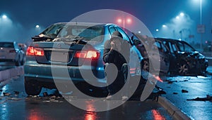 A shaken person involved in a car accident sits at the scene of the accident and is distraught