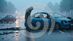 A shaken person involved in a car accident sits at the scene of the accident and is distraught