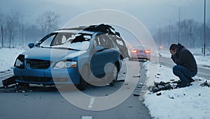 A shaken person involved in a car accident sits at the scene of the accident and is distraught