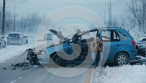 A shaken person involved in a car accident sits at the scene of the accident and is distraught