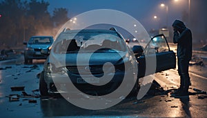 A shaken person involved in a car accident sits at the scene of the accident and is distraught