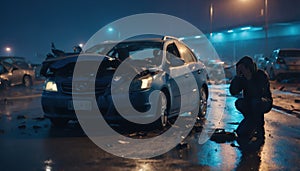 A shaken person involved in a car accident sits at the scene of the accident and is distraught