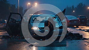 A shaken person involved in a car accident sits at the scene of the accident and is distraught