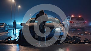 A shaken person involved in a car accident sits at the scene of the accident and is distraught