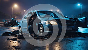 A shaken person involved in a car accident sits at the scene of the accident and is distraught