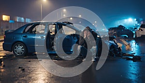 A shaken person involved in a car accident sits at the scene of the accident and is distraught