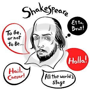 Shakespeare portrait with famous quotes and speech bubbles