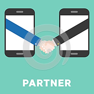 Shaking hand from smart phone, flat design e commerce partner co