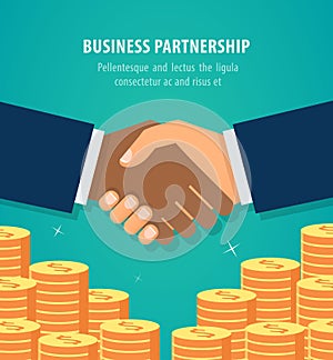Shaking hands business vector over money stacks. Success deal icon
