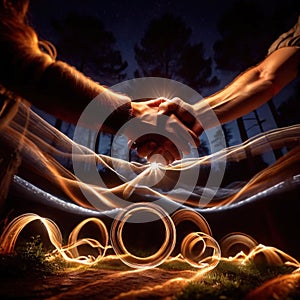 Shaking hands, dynamic photo of friendship, agreement, and trust with dynamic light streaks