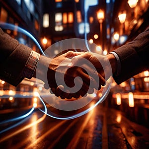 Shaking hands, dynamic photo of friendship, agreement, and trust with dynamic light streaks
