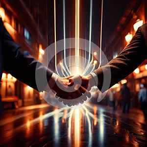 Shaking hands, dynamic photo of friendship, agreement, and trust with dynamic light streaks