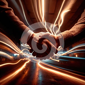 Shaking hands, dynamic photo of friendship, agreement, and trust with dynamic light streaks