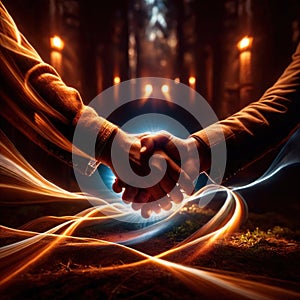 Shaking hands, dynamic photo of friendship, agreement, and trust with dynamic light streaks