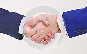 Shaking hands at meeting. Friendly handshake gesture. Handshake after signing profitable agreement. Handshake gesture