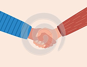 Shaking hands, symbol of success deal, happy partnership, greeting shake, casual handshaking agreement. Vector illustration in