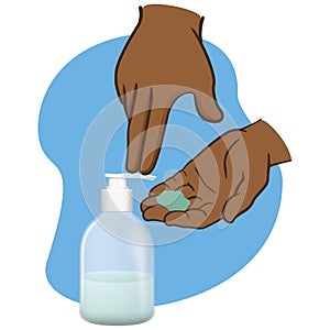 Shaking hands and using liquid soap packing, pump, African descent