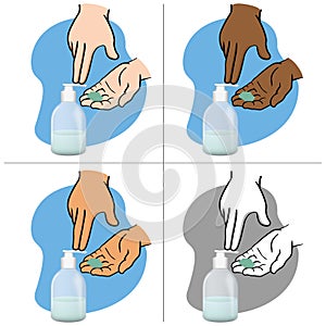 Shaking hands and using liquid soap packing, pump, ethnicities
