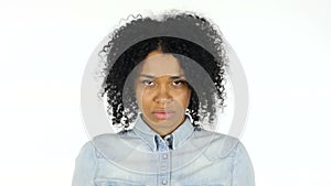 Shaking Head to Reject, No by Black Woman on White Background