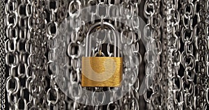 Shaking metal chains hanging vertically with a shiny golden lock. Business data encryption, home security, or other safeguarding