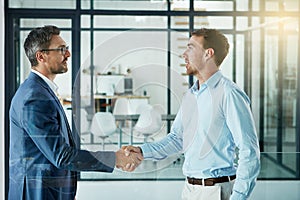 Shaking to exceptional work. two businessmen shaking hands in an office.