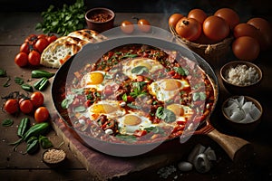 Shakshouka, dish of eggs poached in a sauce of tomatoes. AI generation