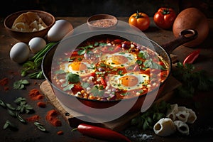 Shakshouka, dish of eggs poached in a sauce of tomatoes. AI generation