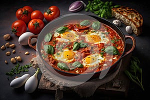 Shakshouka, dish of eggs poached in a sauce of tomatoes. AI generation