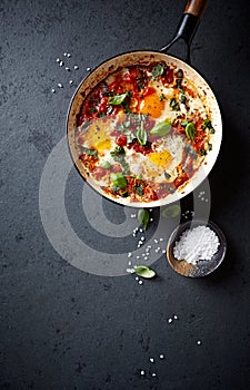 Shakshouka Eggs poached eggs in a spicy tomato sauce