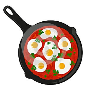 Shakshouka shakshuka served in a frying pan, top view.