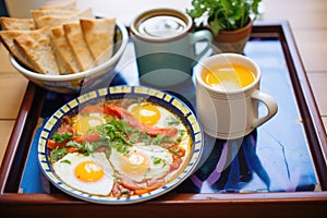 shakshuka breakfast with coffee and orange juice on the tray