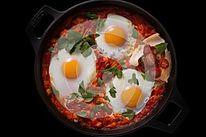 Shakshuka Breakfast, Healthy Vegetable Shakshouka with Eggs, Israel Shakshuka, Abstract Generative AI Illustration