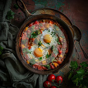 Shakshuka Breakfast, Healthy Vegetable Shakshouka with Eggs, Traditional Israel Shakshuka, Copy Space