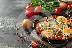 Shakshuka Breakfast, Healthy Vegetable Shakshouka with Eggs, Traditional Israel Shakshuka, Copy Space