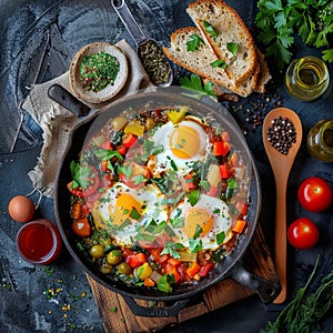 Shakshuka Breakfast, Healthy Vegetable Shakshouka with Eggs, Traditional Israel Shakshuka, Copy Space