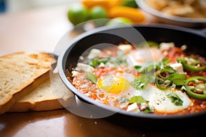 shakshuka with feta chunks, focus on cheese melting