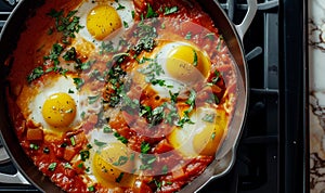 shakshuka, fried eggs with herbs in a frying pan on the stove close-up