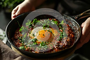 Shakshuka and grilled beef steak. Eggs poached in tomato pepper sauce. Generative AI