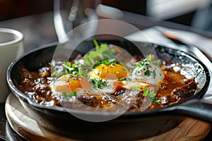 Shakshuka and grilled beef steak. Eggs poached in tomato pepper sauce. Generative AI