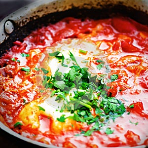 Shakshuka. Traditional jewish food and middle eastern cuisine recipe. Fried eggs, tomatoes, bell pepper and parsley in a